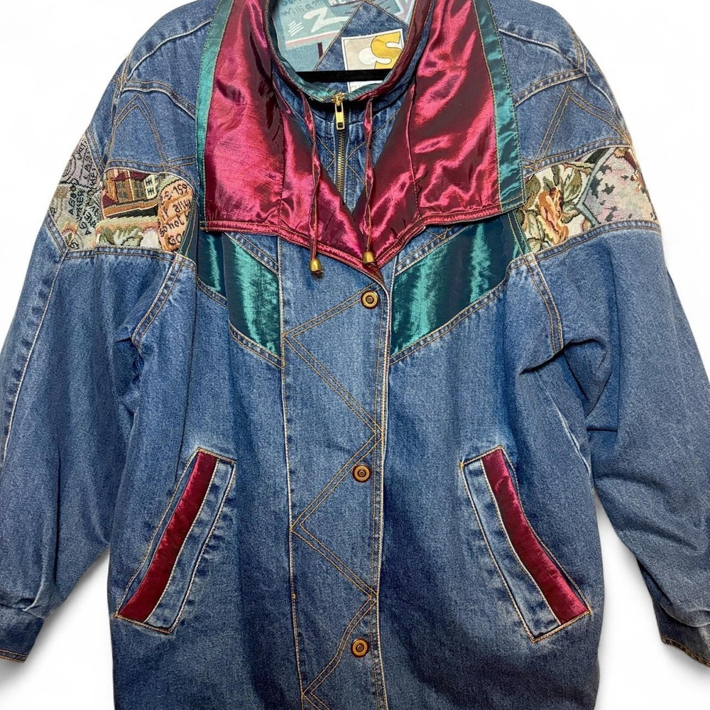 Current Seen 80s/90s Denim Jacket + Embroidery/Patchwork/Satin/Tapestry Details - Picture 2 of 8